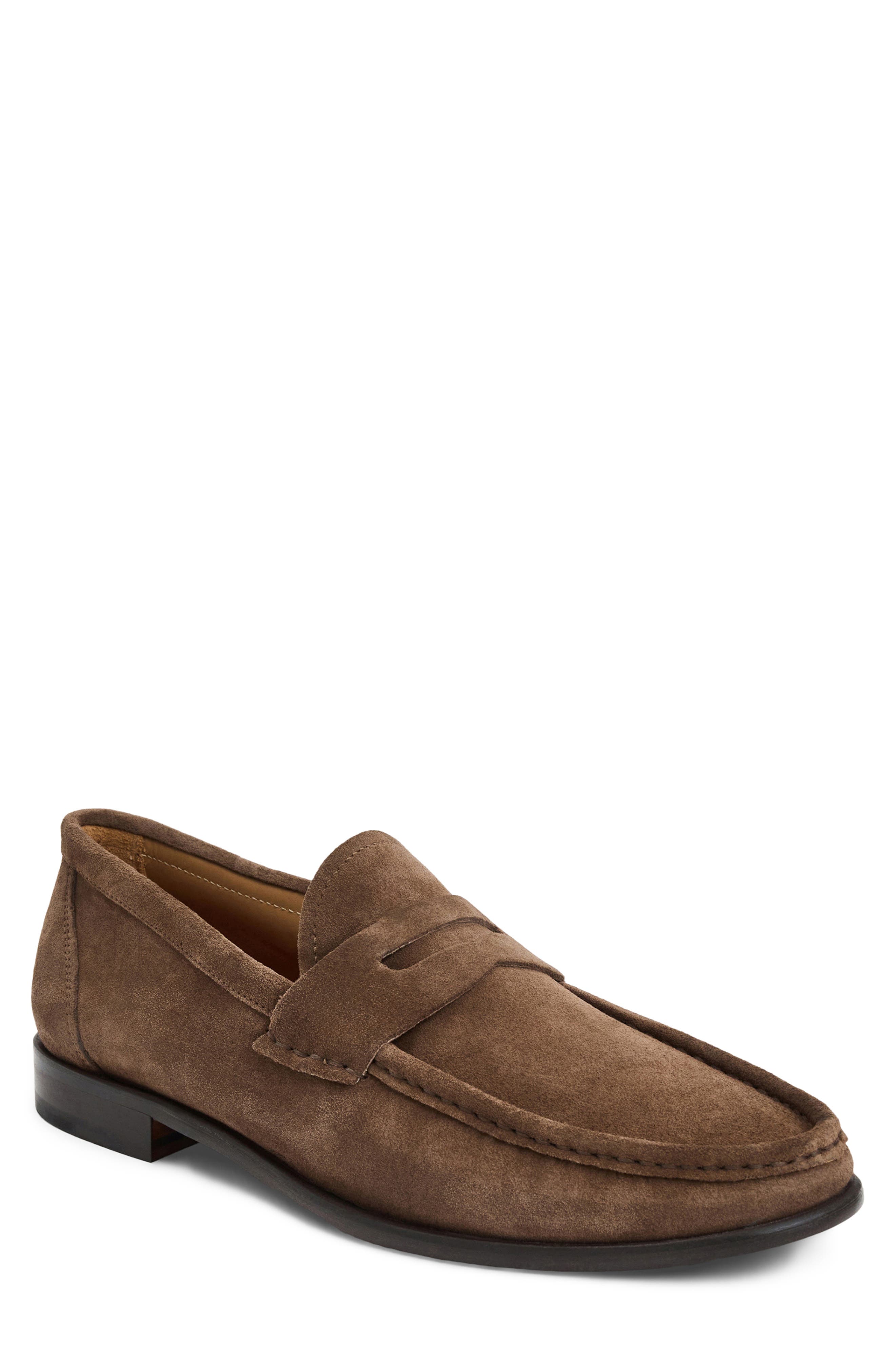 Lombardo Wrapped Moc Toe Penny Loafer, Main, color, BROWN SUEDE
