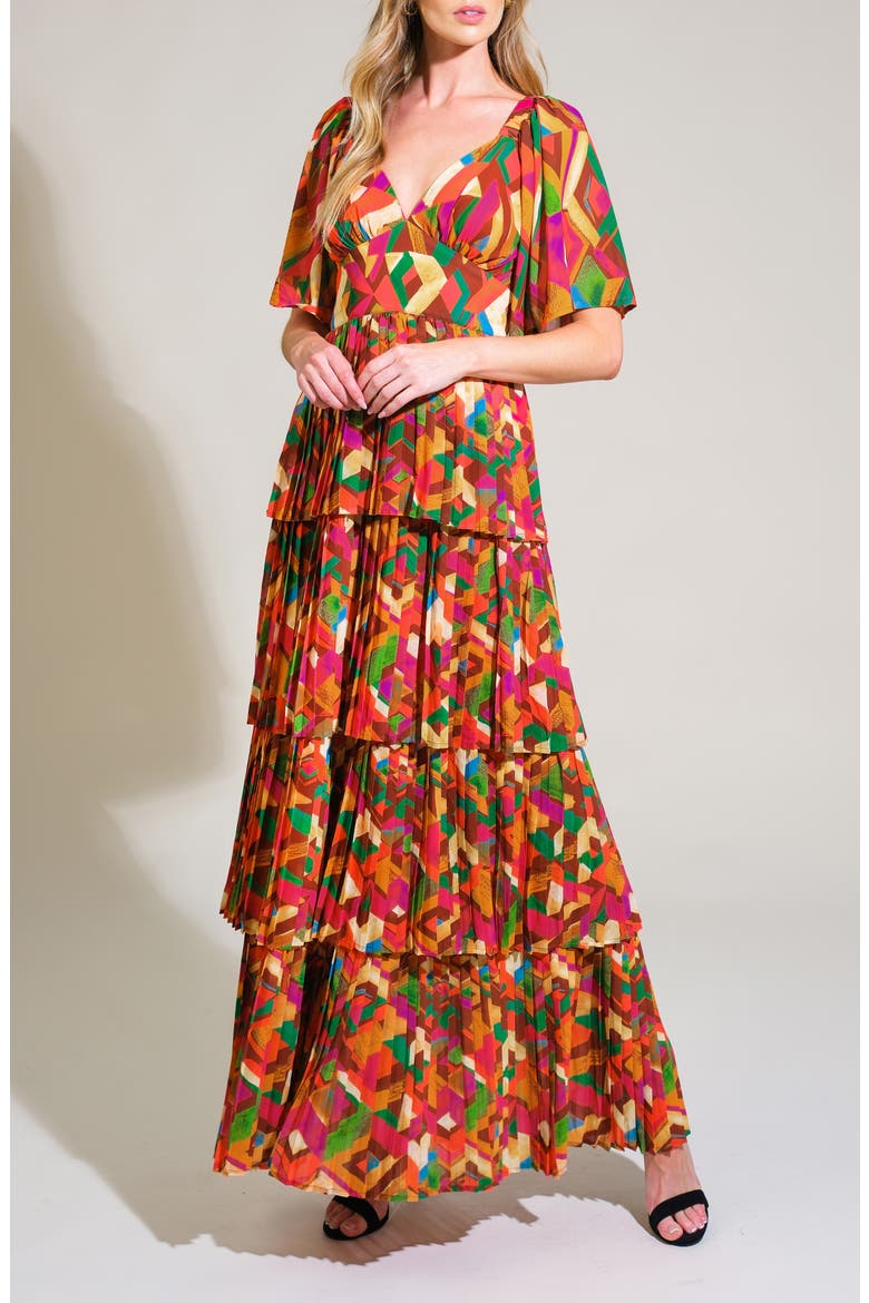 Print Pleated Tiered Maxi Dress, Alternate, color, ORANGE GREEN