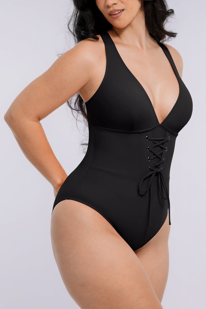Plunge Lace-Up Tummy Control One-Piece Swimsuit, Alternate, color, Black
