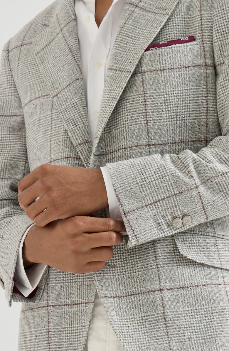 Brunello Cucinelli Silk, wool and cashmere Prince of Wales flannel deconstructed Cavallo blazer with metal buttons, Alternate, color, Grey