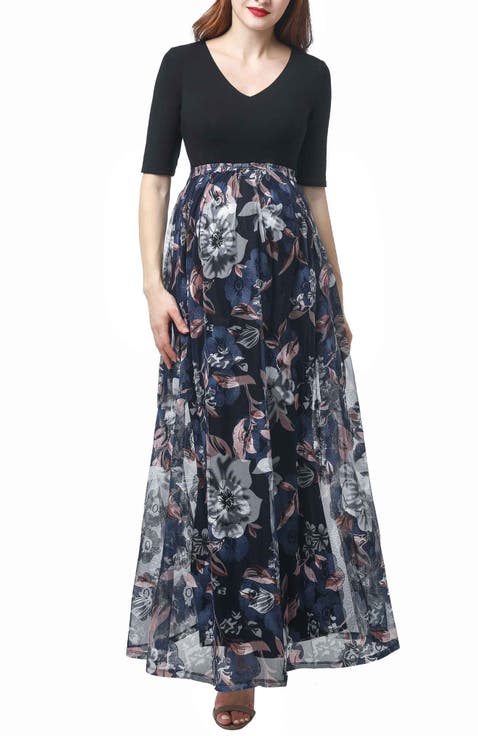 Annabelle V-Neck Mesh Print Maternity Maxi Dress