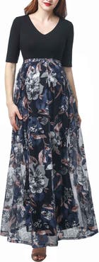 Kimi & Kai Annabelle V-Neck Mesh Print Maternity Maxi Dress