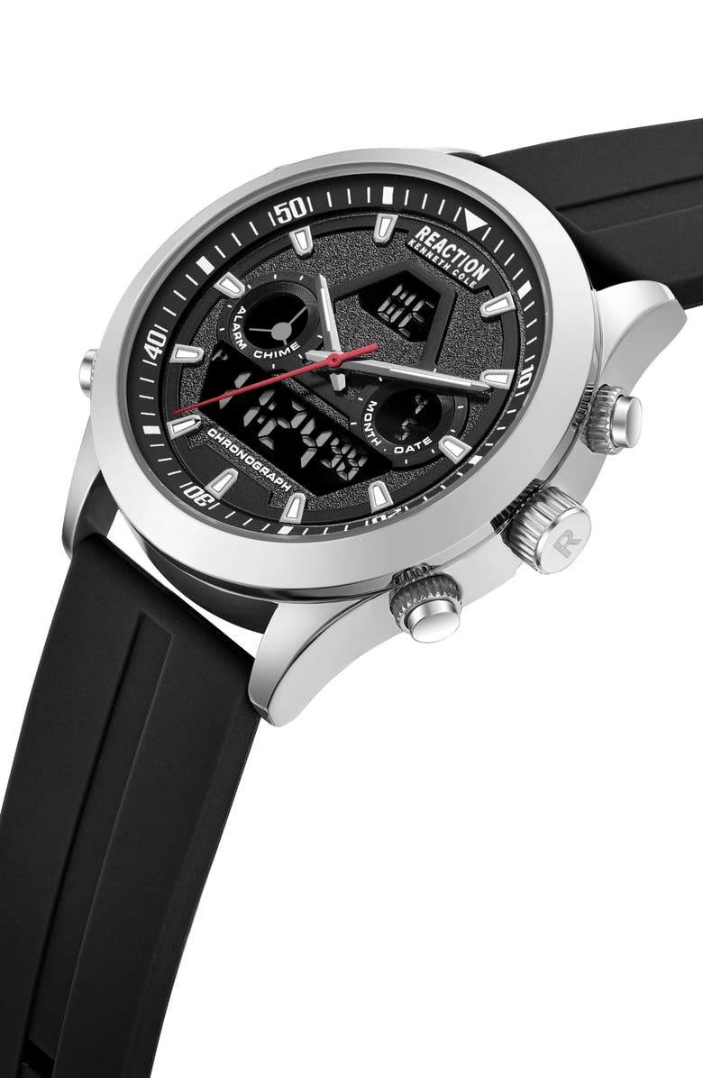 Kenneth Cole Reaction Analog Digital Silicone Strap Chronograph Watch, 47mm, Alternate, color, Black