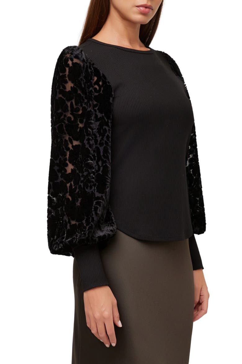 Burnout Bishop-Sleeved Ribbed Top, Alternate, color, BLACK
