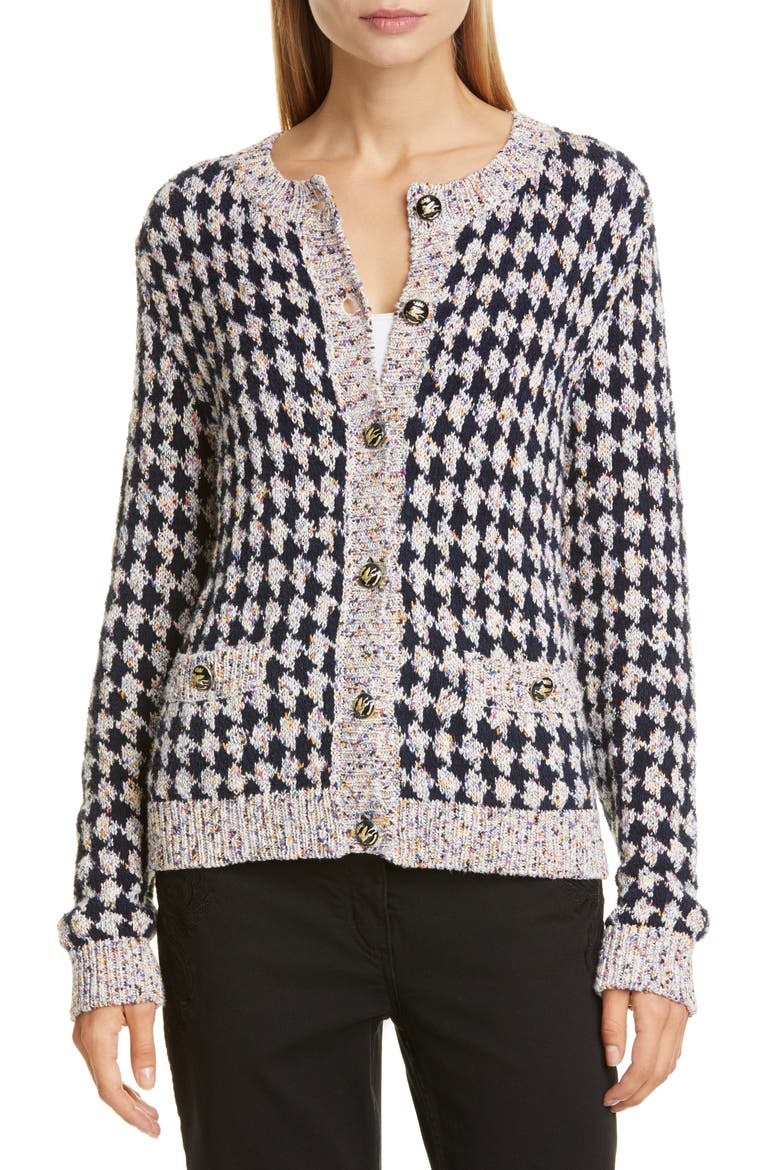 Metallic Houndstooth Tweed Jacquard Cardigan, Main, color, NAVY