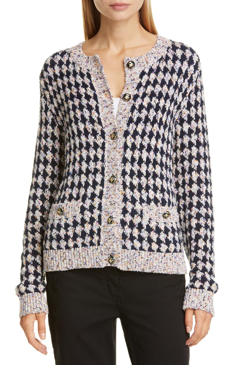Etro Metallic Houndstooth Tweed Jacquard Cardigan, Main, color, 
