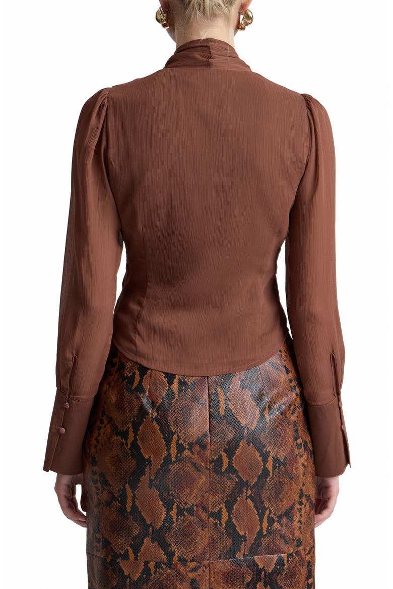 Long Sleeve Bow Tie Crinkle Crepe Top, Alternate, color, BROWN