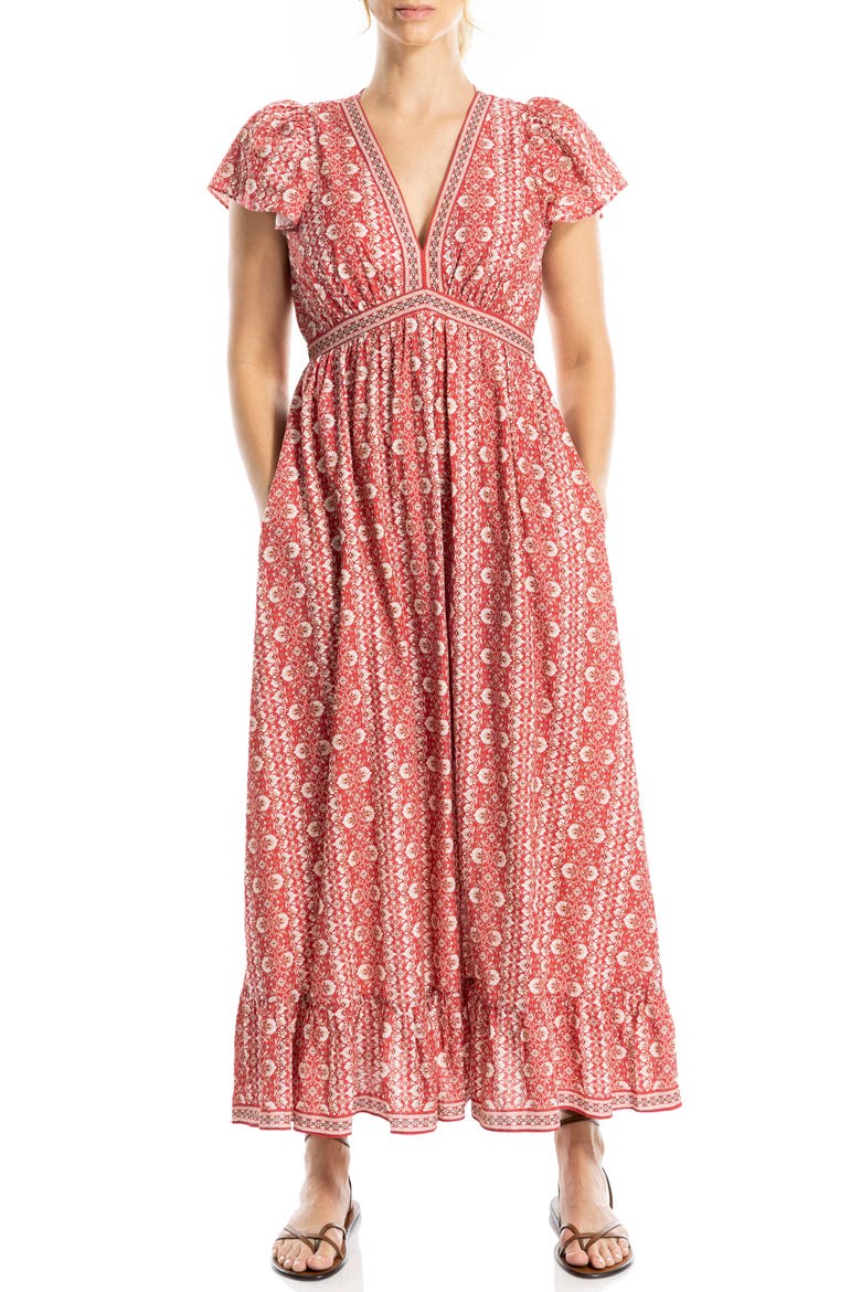 Flutter Sleeve Maxi Dress, Alternate, color, RED/ CREAM