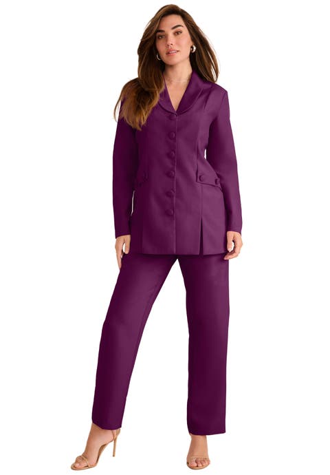 Extended Plus Size Long Sleeve Ten Button Shawl Collar Pant Suit 2 Piece Pant Set (plus)