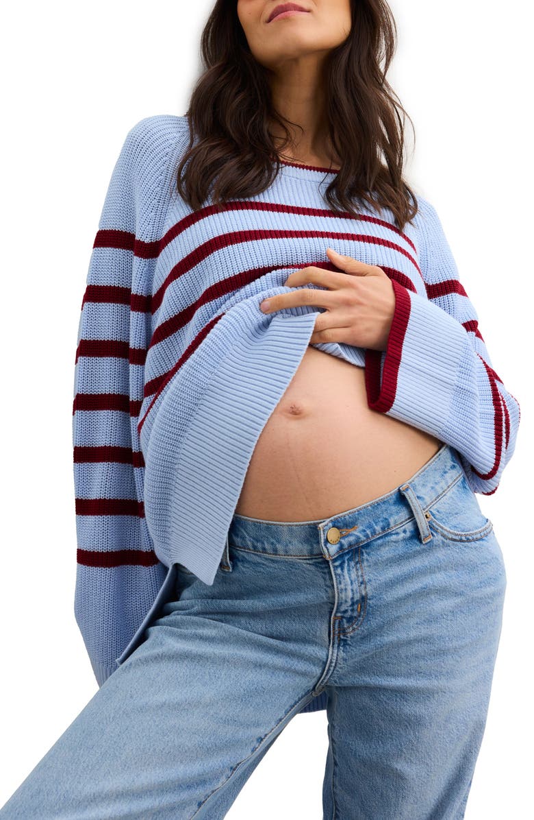 HATCH The Carly Striped Shaker Pullover, Alternate, color, Sky Blue/Deep Red Stripe