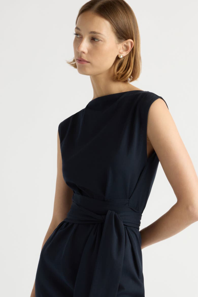 Edina Tie-Front Slit-Neck Dress, Alternate, color, Deep Navy