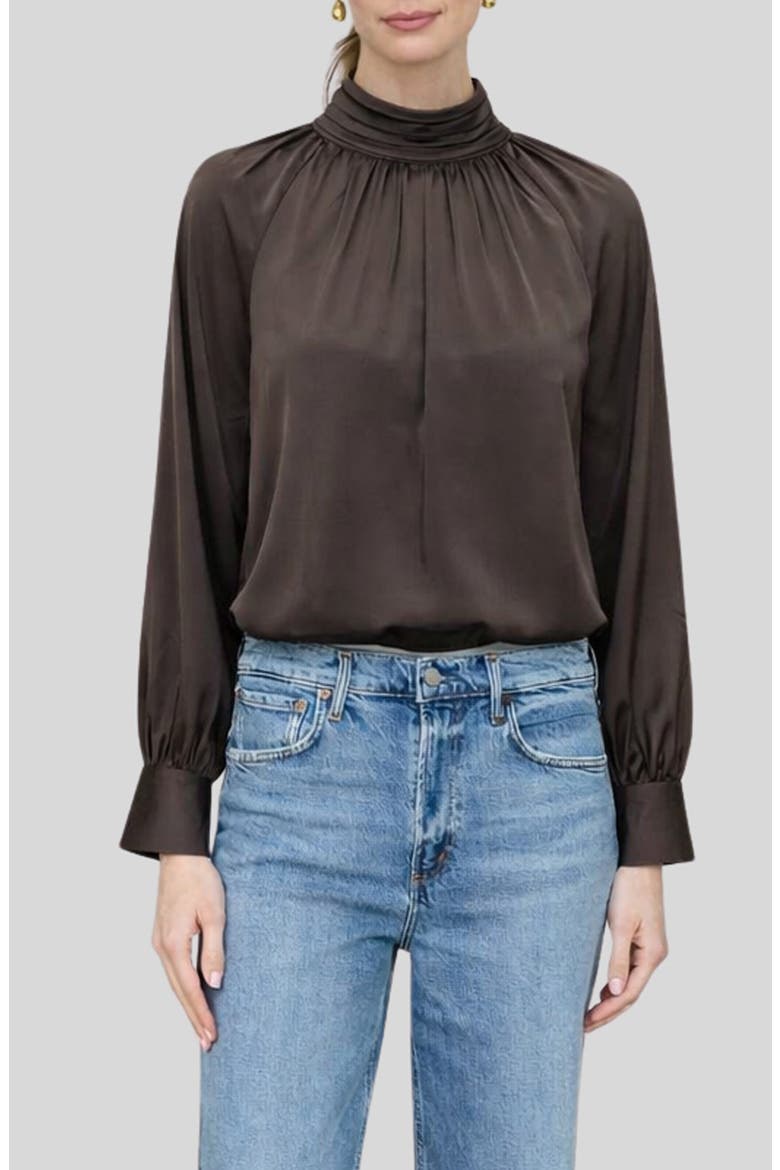 Mock Neck Long Sleeve Satin Top, Main, color, BROWN