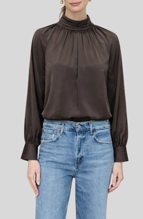Mock Neck Long Sleeve Satin Top