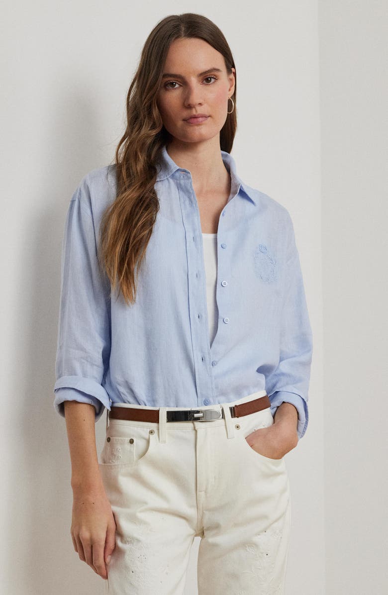 Lauren Ralph Lauren Embroidered Logo Linen Button-Up Shirt, Alternate, color,
