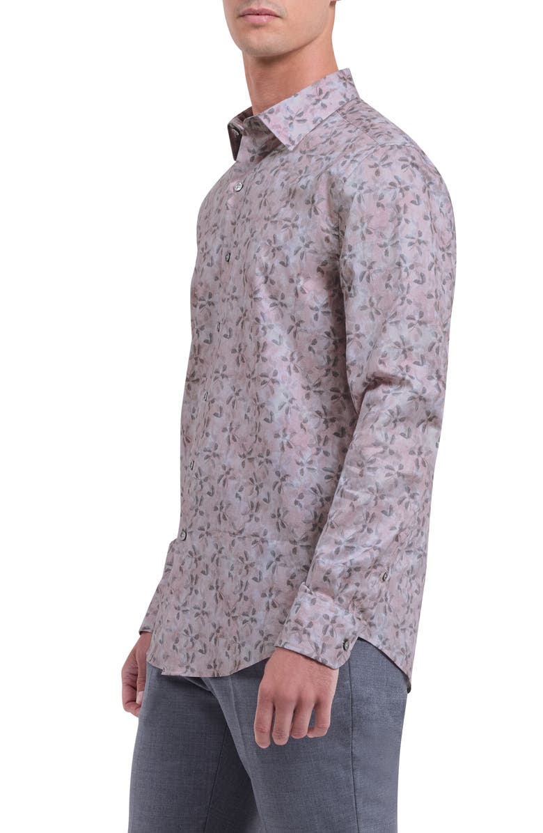 Bugatchi Julian Shaped Fit Leaf Print Button-Up Shirt, Alternate, color, Wood Rose