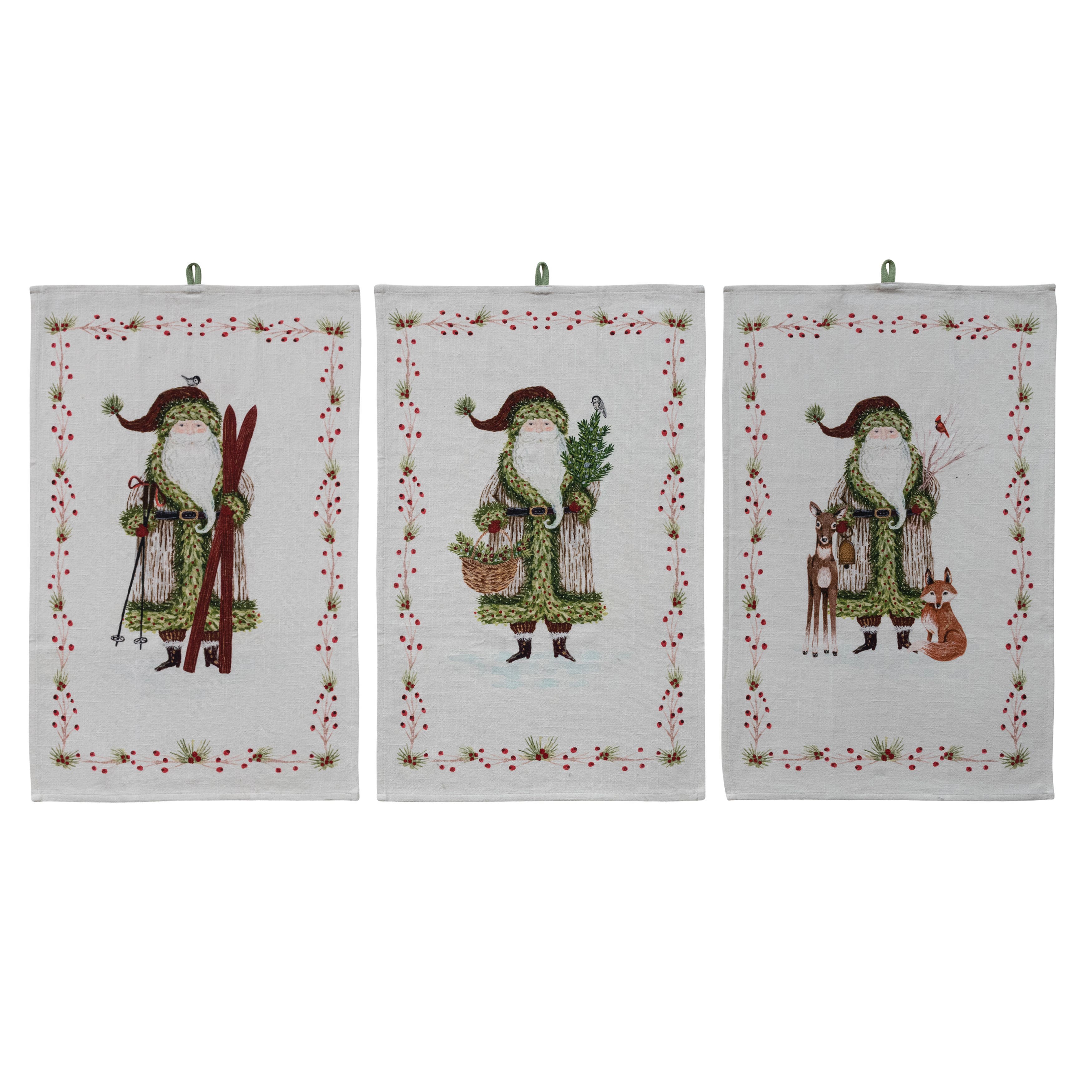 Olive Grove Festive Santa & Berries Cotton Tea Towel, Multicolor ...