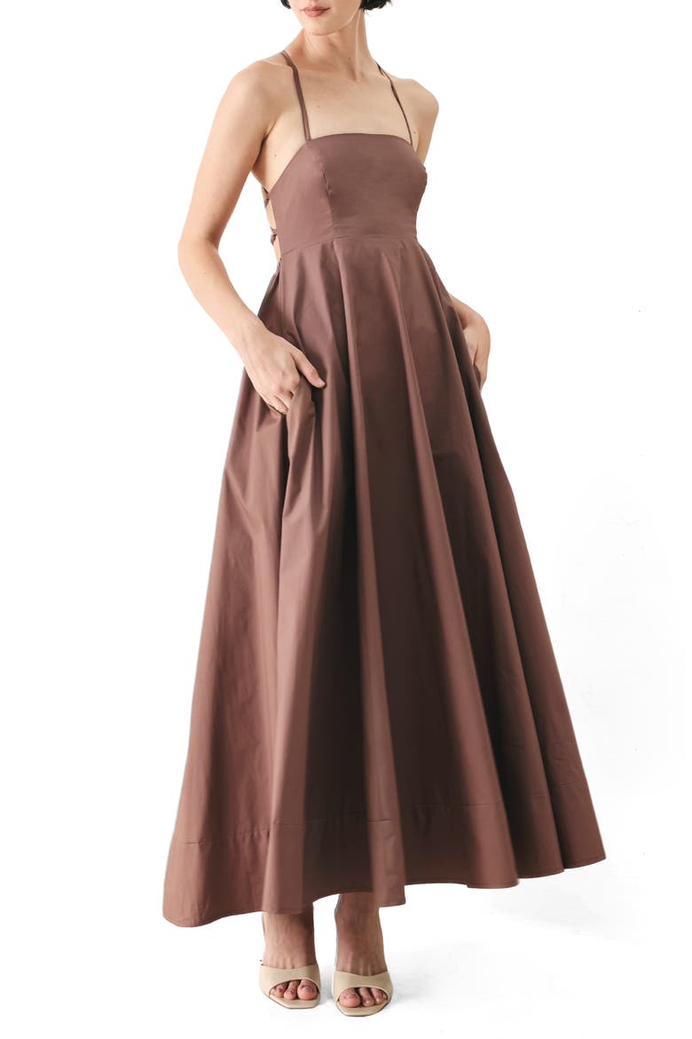 Lace Back Cotton Midi Dress, Main, color, COCOA