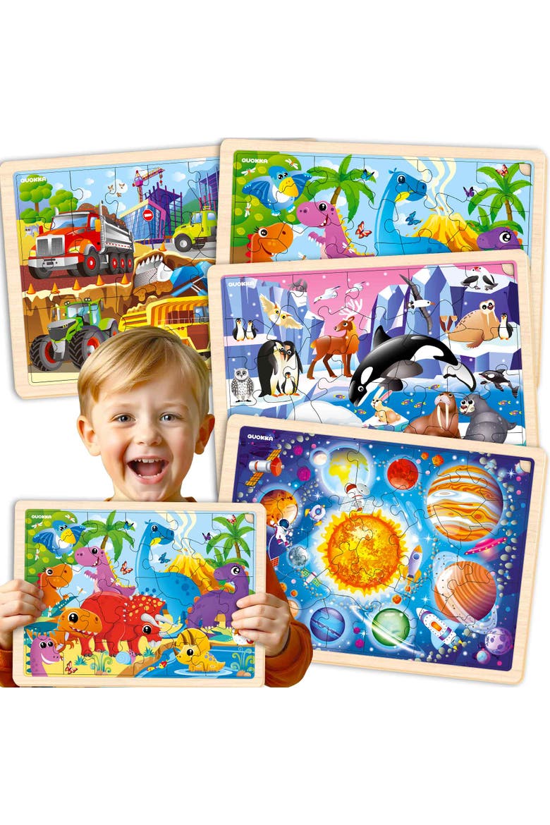 Kids Wooden Puzzle Set - 24, 36 & 48 Piece Montessori Jigsaw Puzzles, Main, color, Polar, Space, Cars, Dinosaurs