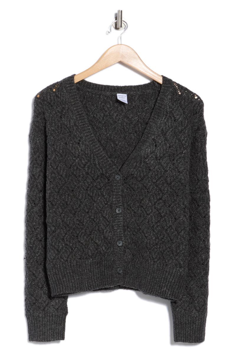 Melrose and Market Pointelle Sweater Cardigan, Alternate, color, Grey Dark Charcoal Heather