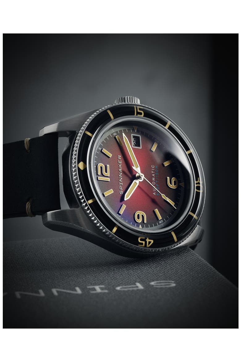 Fleuss Automatic Leather Strap Watch, 43mm, Alternate, color, RED