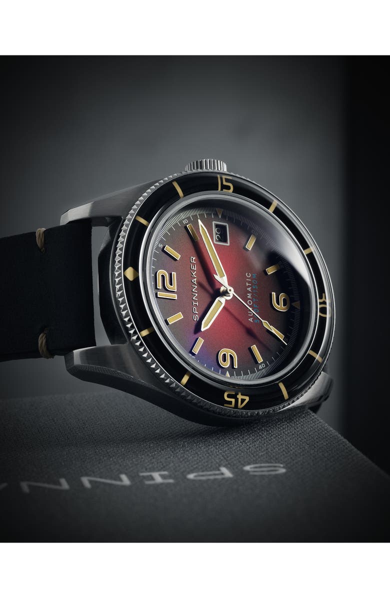 SPINNAKER Fleuss Automatic Leather Strap Watch, 43mm, Alternate, color, Red