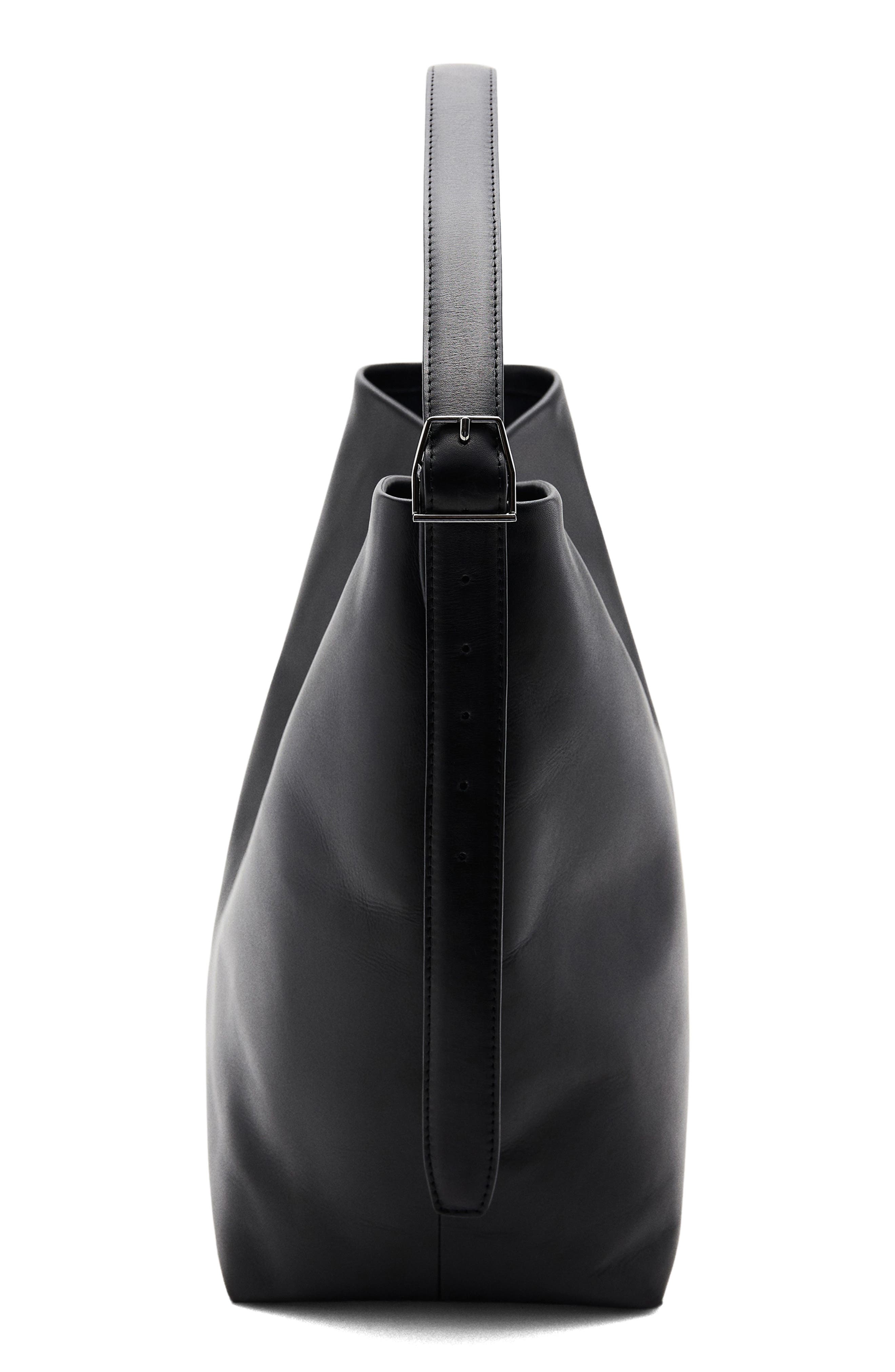 MANGO Large Leather Bucket Tote, Alternate, color, Black