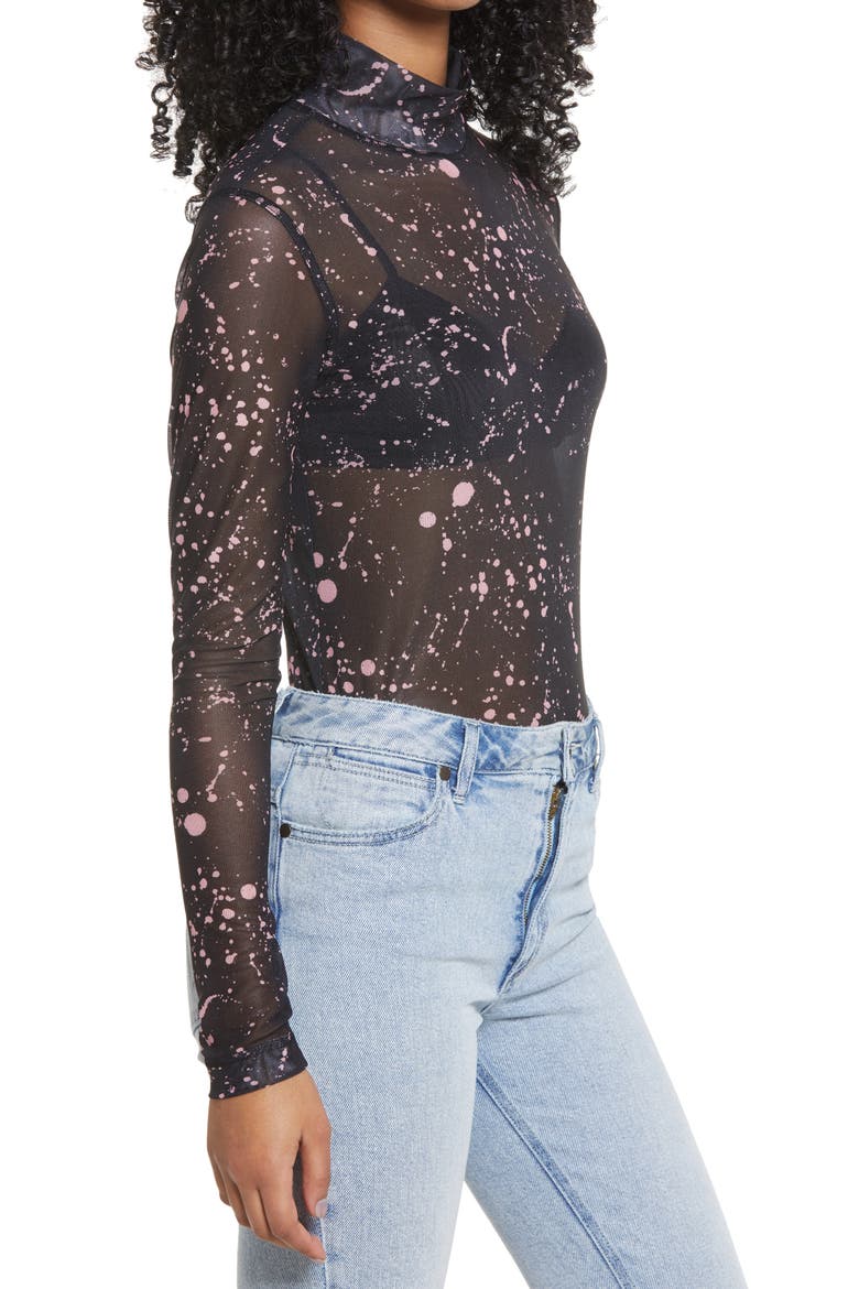 Pride Gender Inclusive Print Mesh Mock Neck Top, Alternate, color, BLACK- PINK PAINT SPRAY