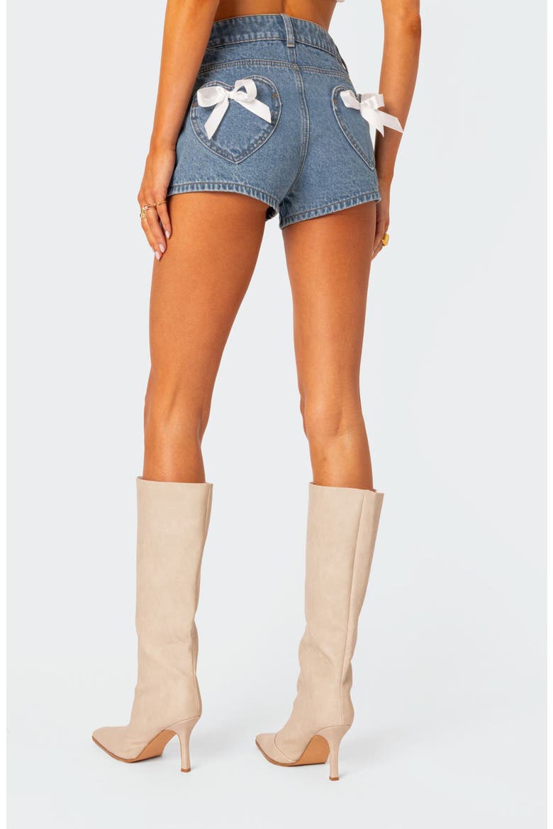 Bow Pocket High Waist Denim Shorts, Alternate, color, BLUE-WASHED