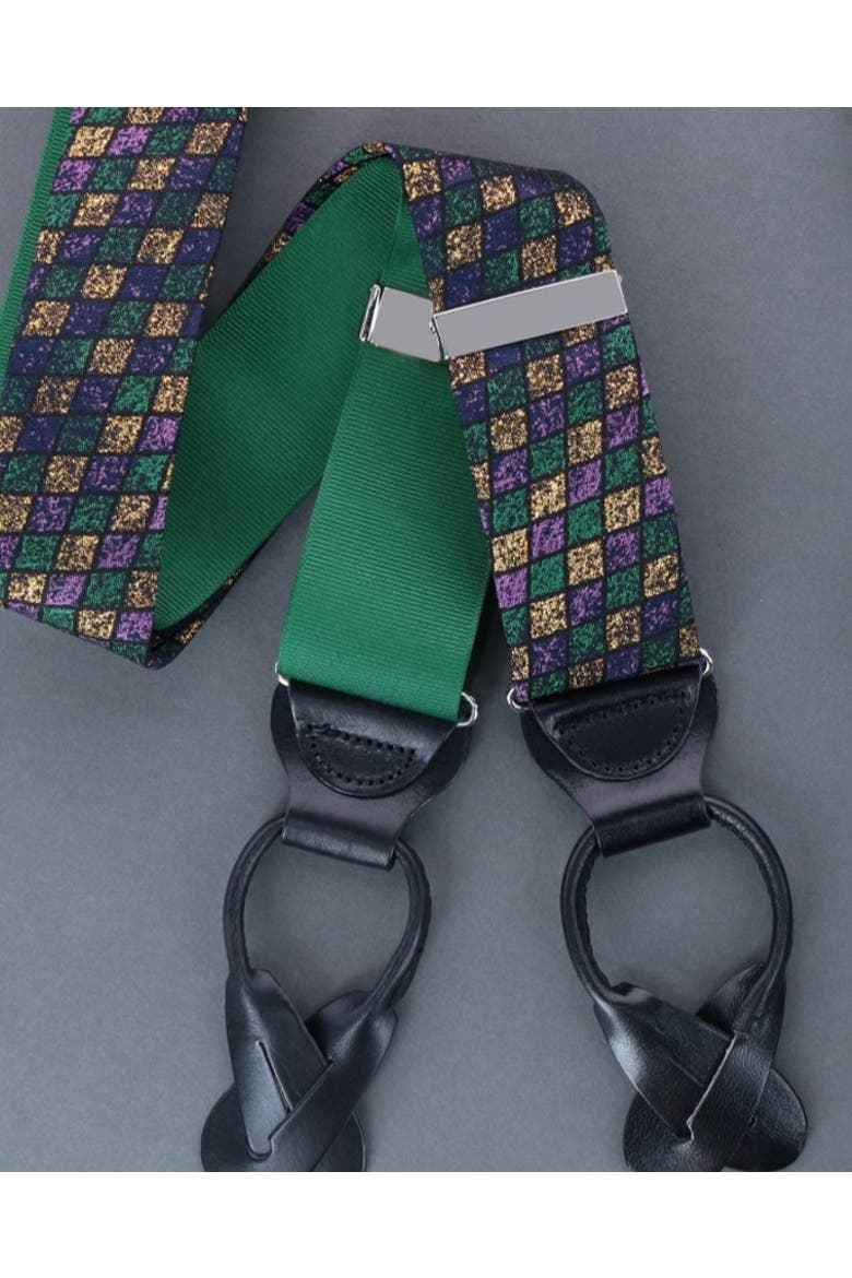 Carnival Diamond Multi-Colored Novelty Silk Button End Suspenders, Alternate, color, Purple, Green, and Yellow