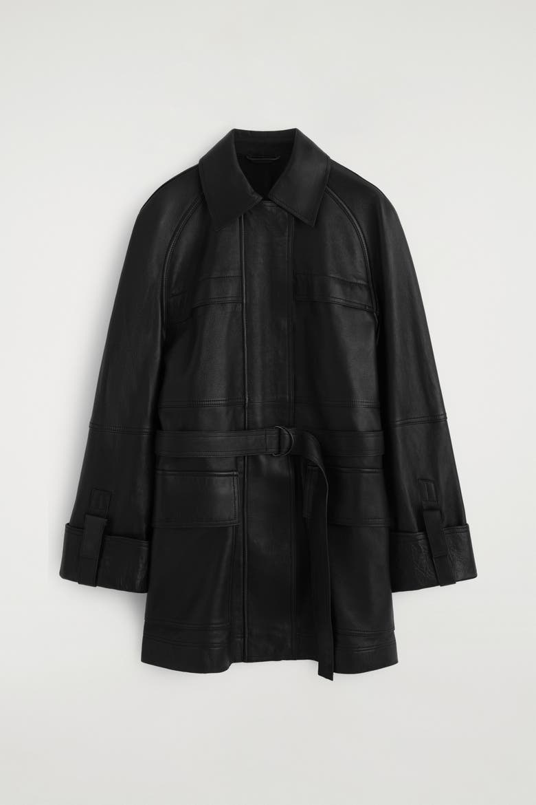 Belted Leather Workwear Jacket, Alternate, color, BLACK