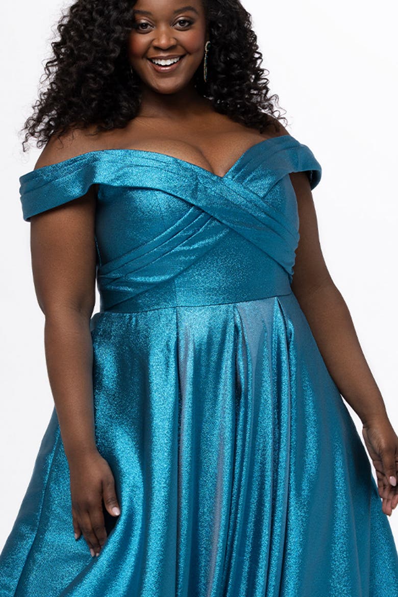 Pleated Off-the-Shoulder Curvy Formal Dress, Alternate, color, Electric Blue