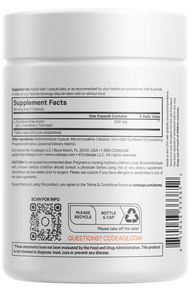 Codeage Liposomal L-Carnitine 500mg Supplement, Alternate, color, White