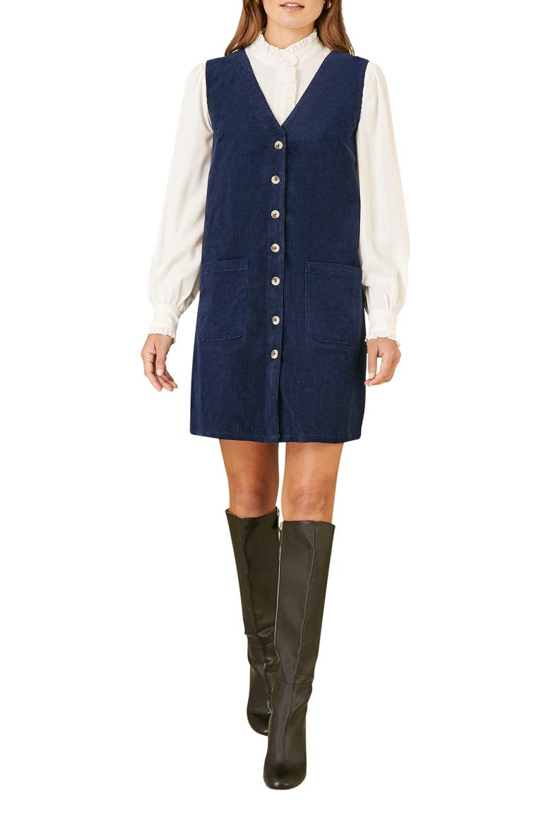 V-Neck Cord Pinafore Dress, Alternate, color, Navy