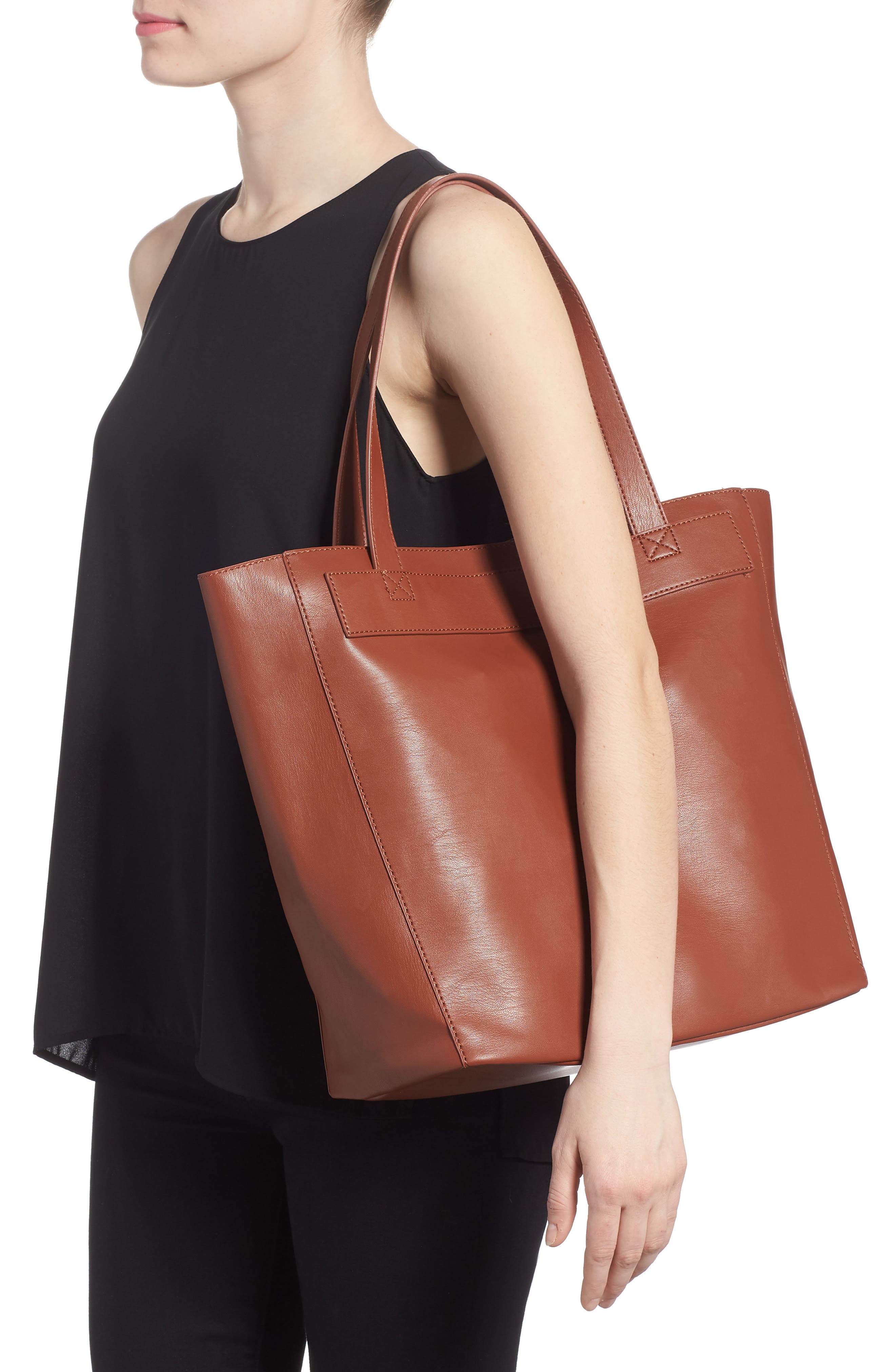 Stitched Faux Leather Tote, Alternate, color, COGNAC