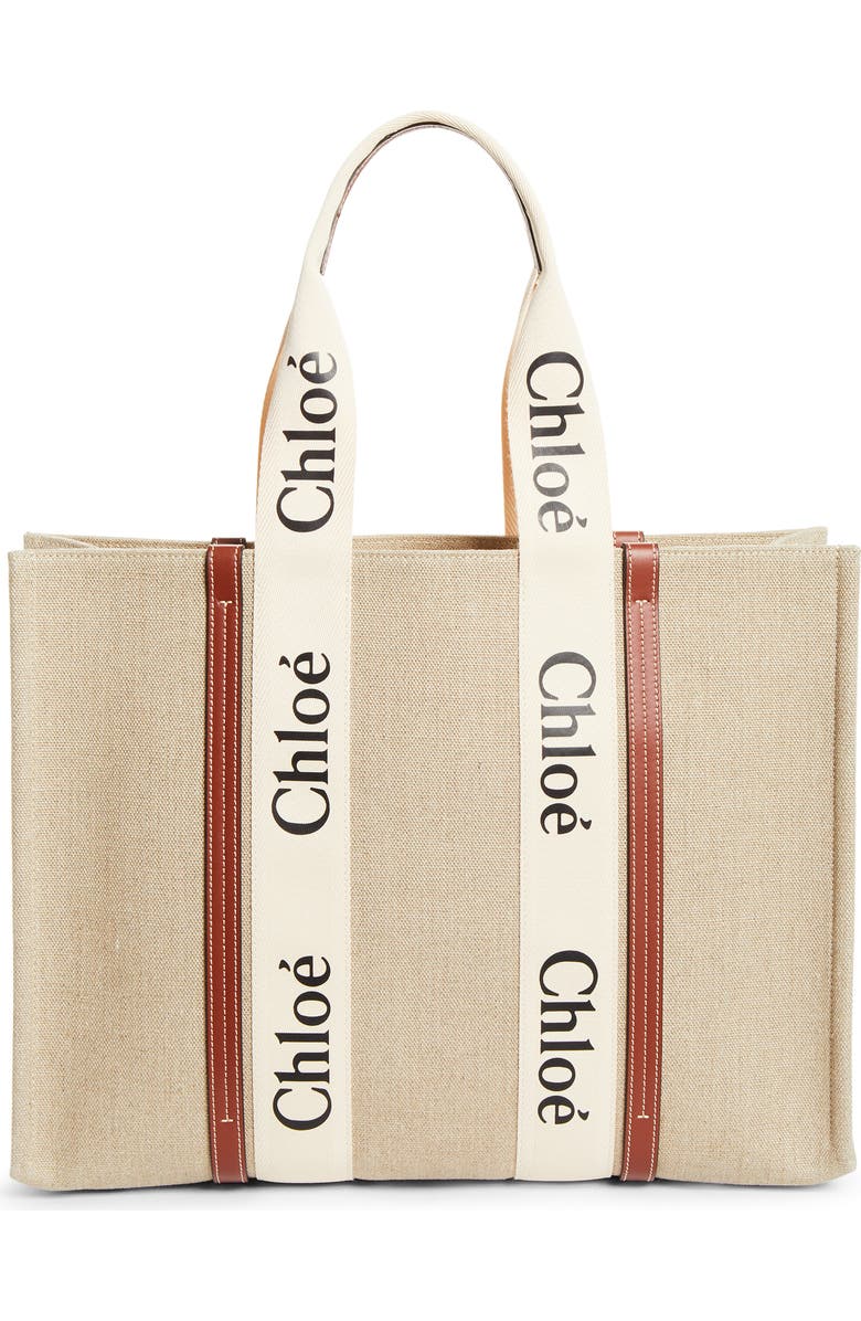 Chloé Large Woody Linen Tote, Main, color, White - Brown 1