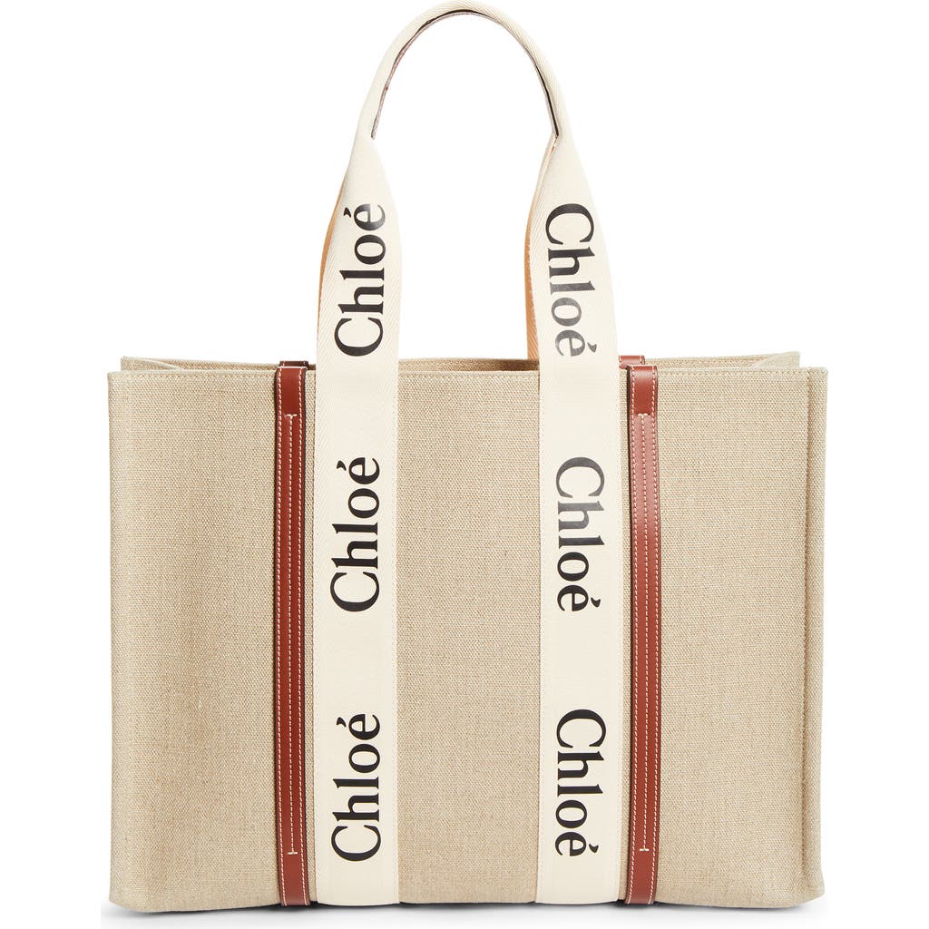 Chloé Large Woody Linen Tote in White - Brown 1 at Nordstrom