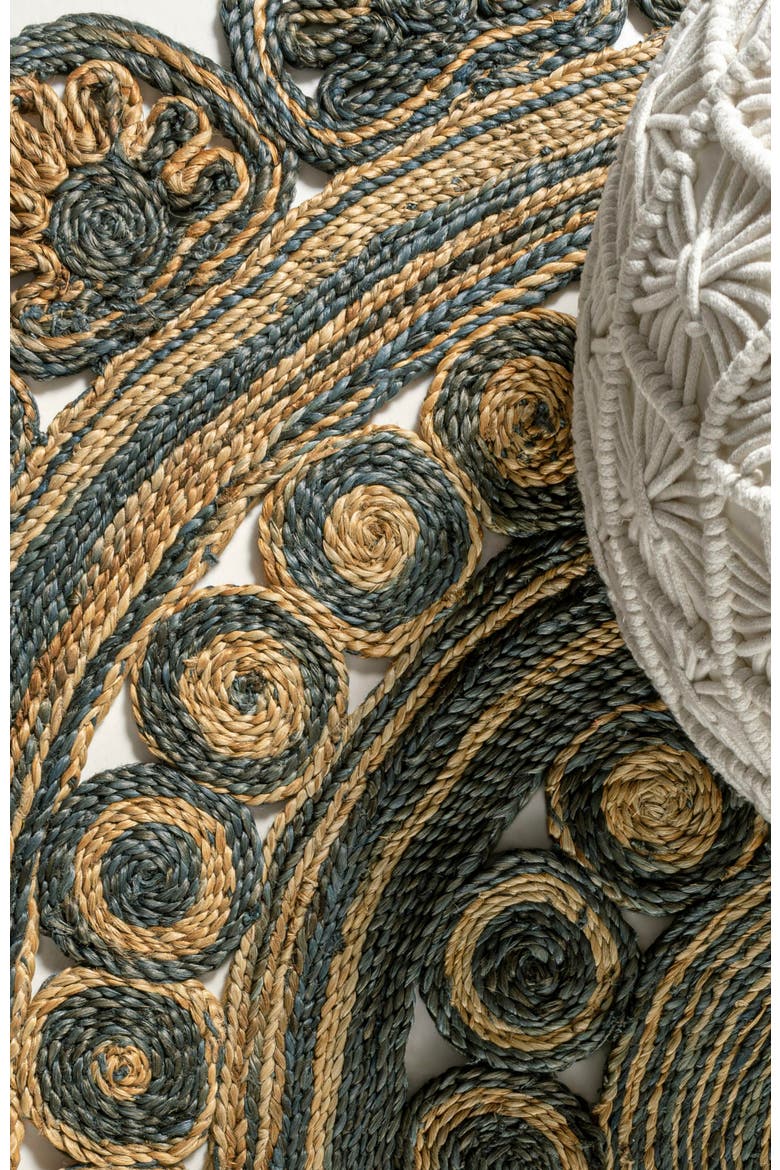 Flora Medallion Contemporary Bohemian Round Jute Round Area Rug, Alternate, color, Blue/Natural