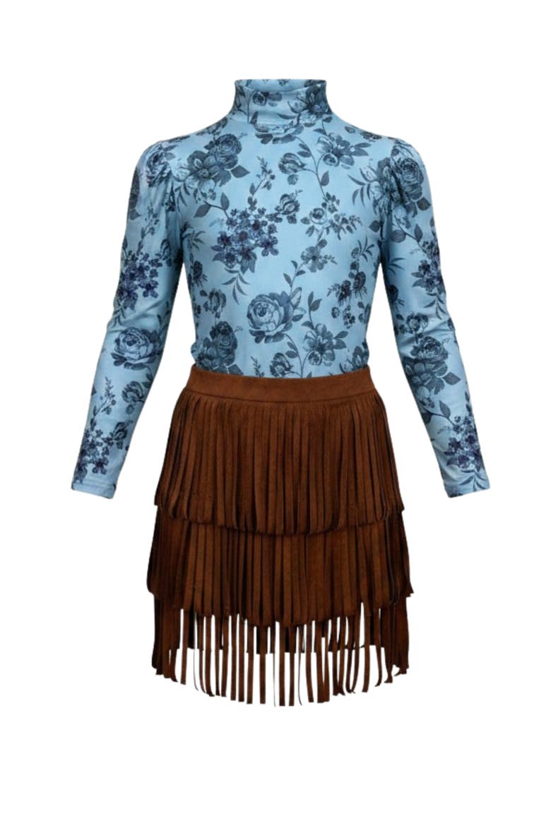 Boho  Long Sleeve Top and Fringe Skort Set, Main, color, Brown