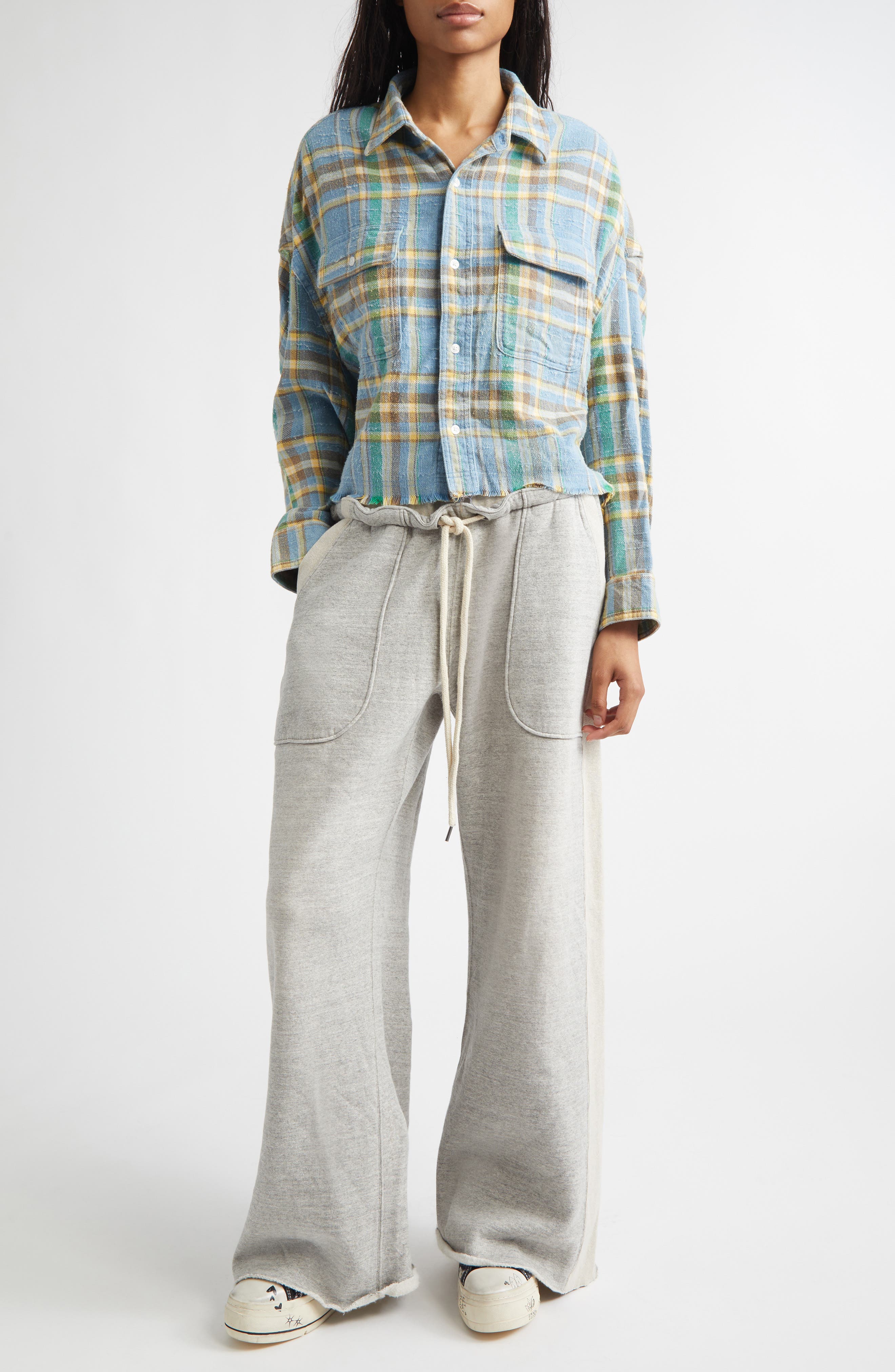 Plaid Fray Hem Crop Button-Up Work Shirt - image 2