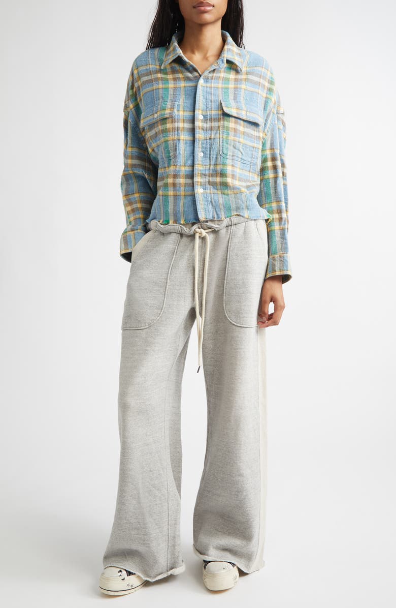 R13 Plaid Fray Hem Crop Button-Up Work Shirt, Alternate, color, Light Blue Plaid