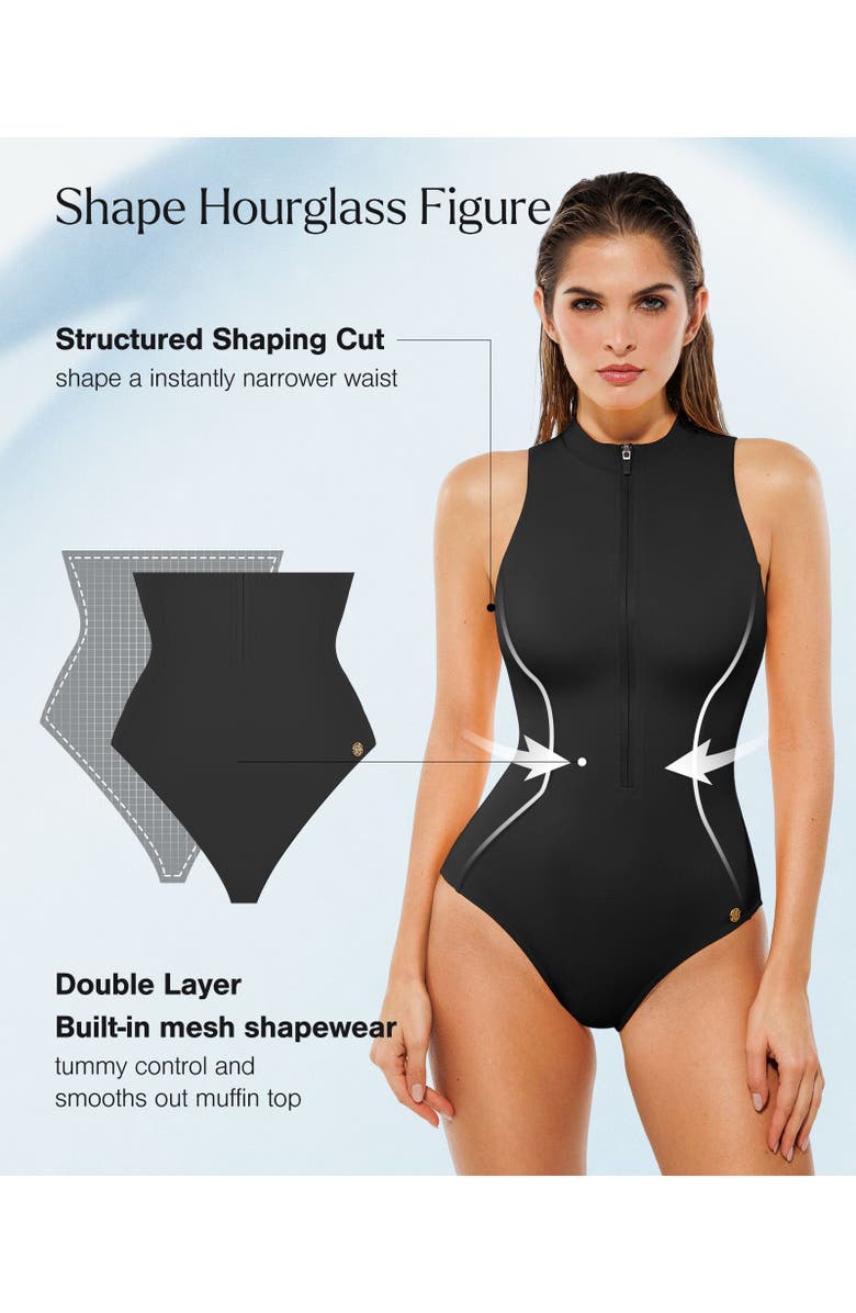 Popilush Zipper Front One-Piece Swimsuit with High Leg Cut, Alternate, color, Black