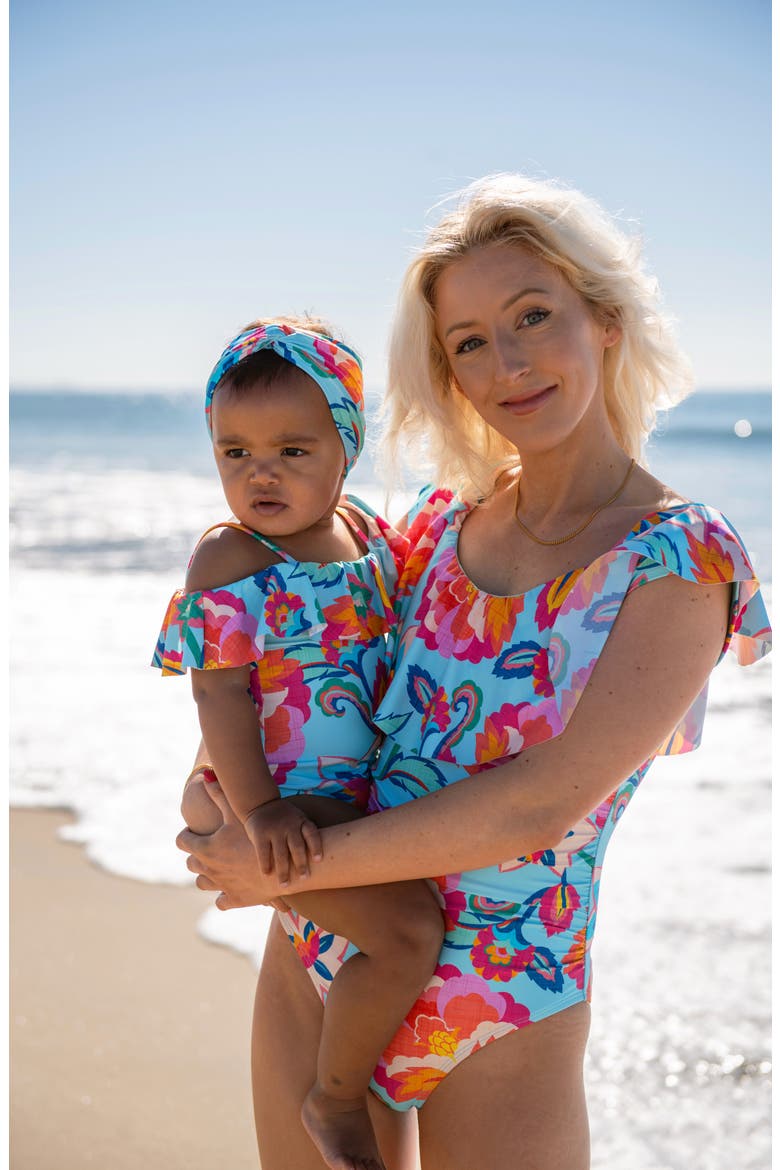 Kids' Breezy Ruffle Off the Shoulder One-Piece Swimsuit, Alternate, color, MULTI