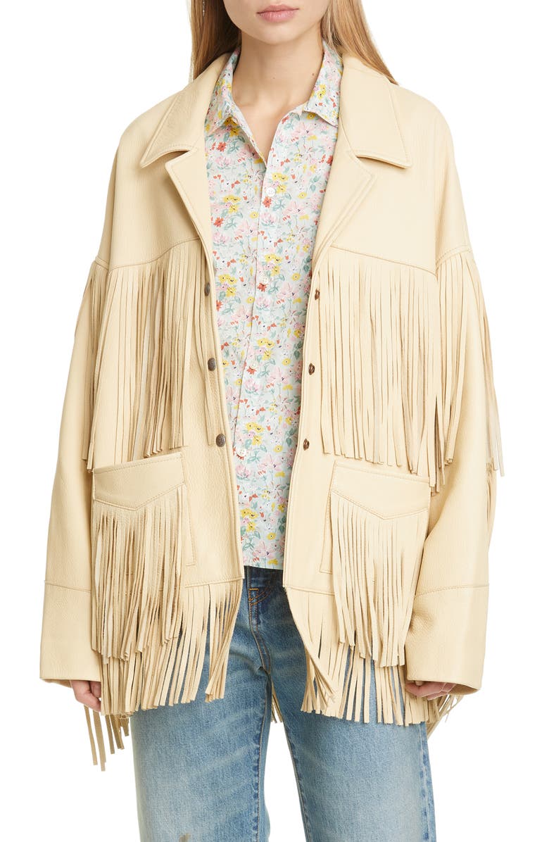 R13 Fringe Trim Leather Jacket, Main, color, 