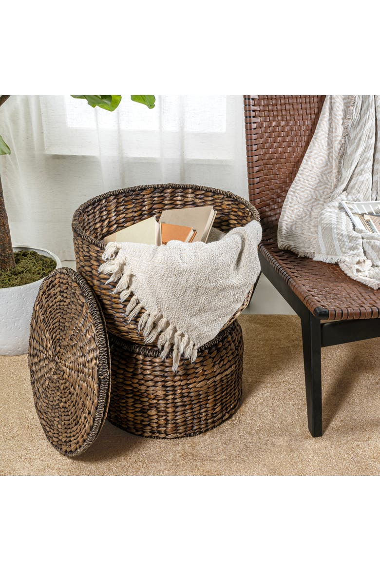 Bhola Hourglass Handwoven Hyacinth Storage Accent Table with Lid, Main, color, Brown Wash