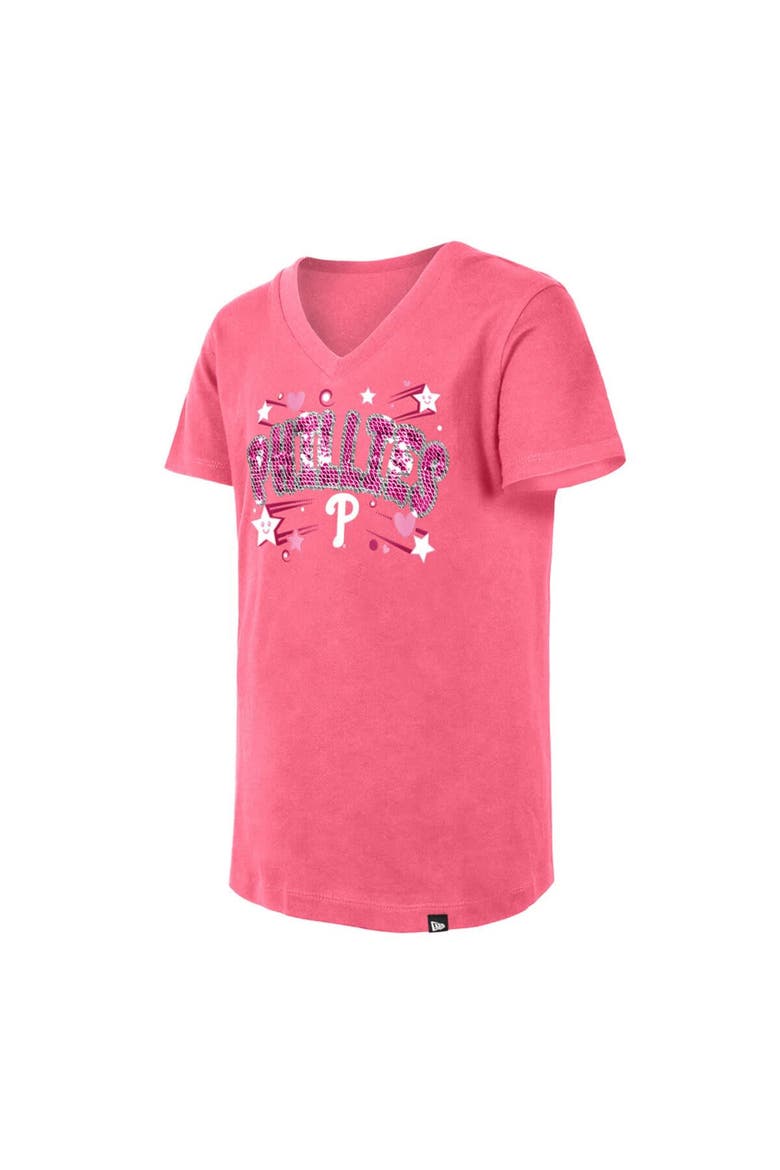 Girls Youth New Era Pink Philadelphia Phillies Sequin V-Neck T-Shirt, Alternate, color, Pink