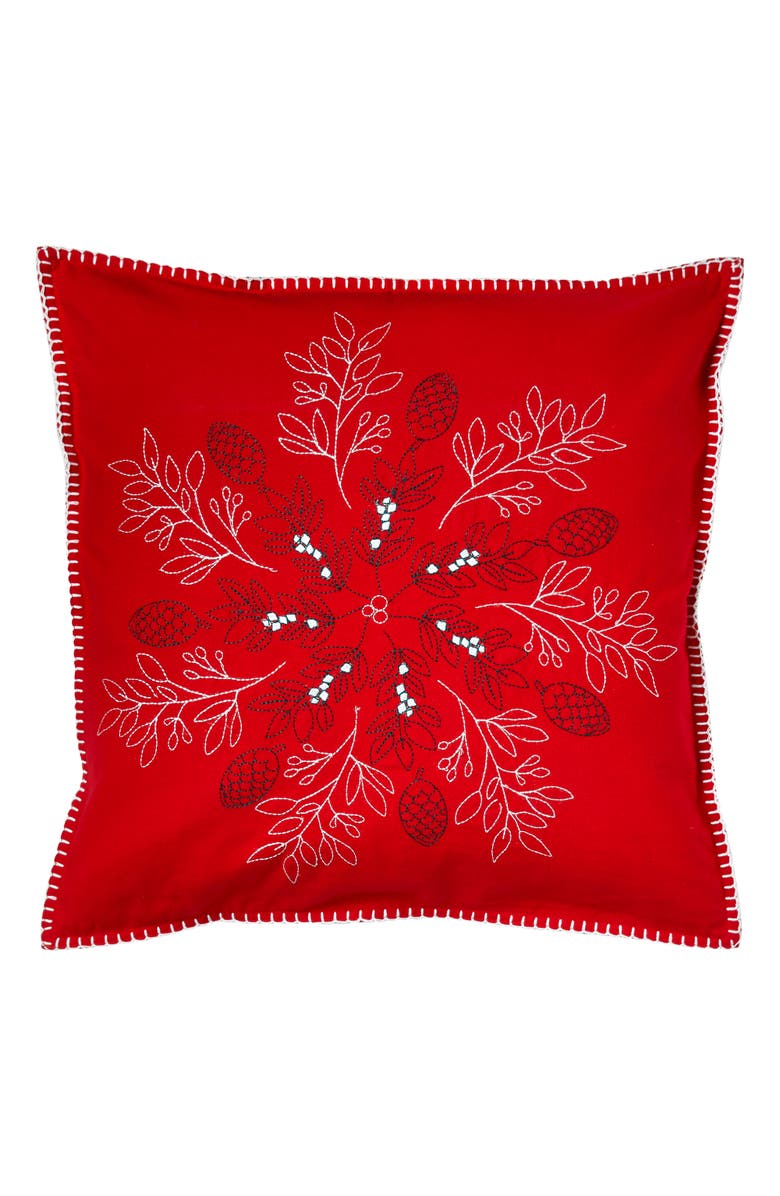 tag Snowflake Pinecone Red Cotton Throw Pillow for Everyday Use, Main, color, Red