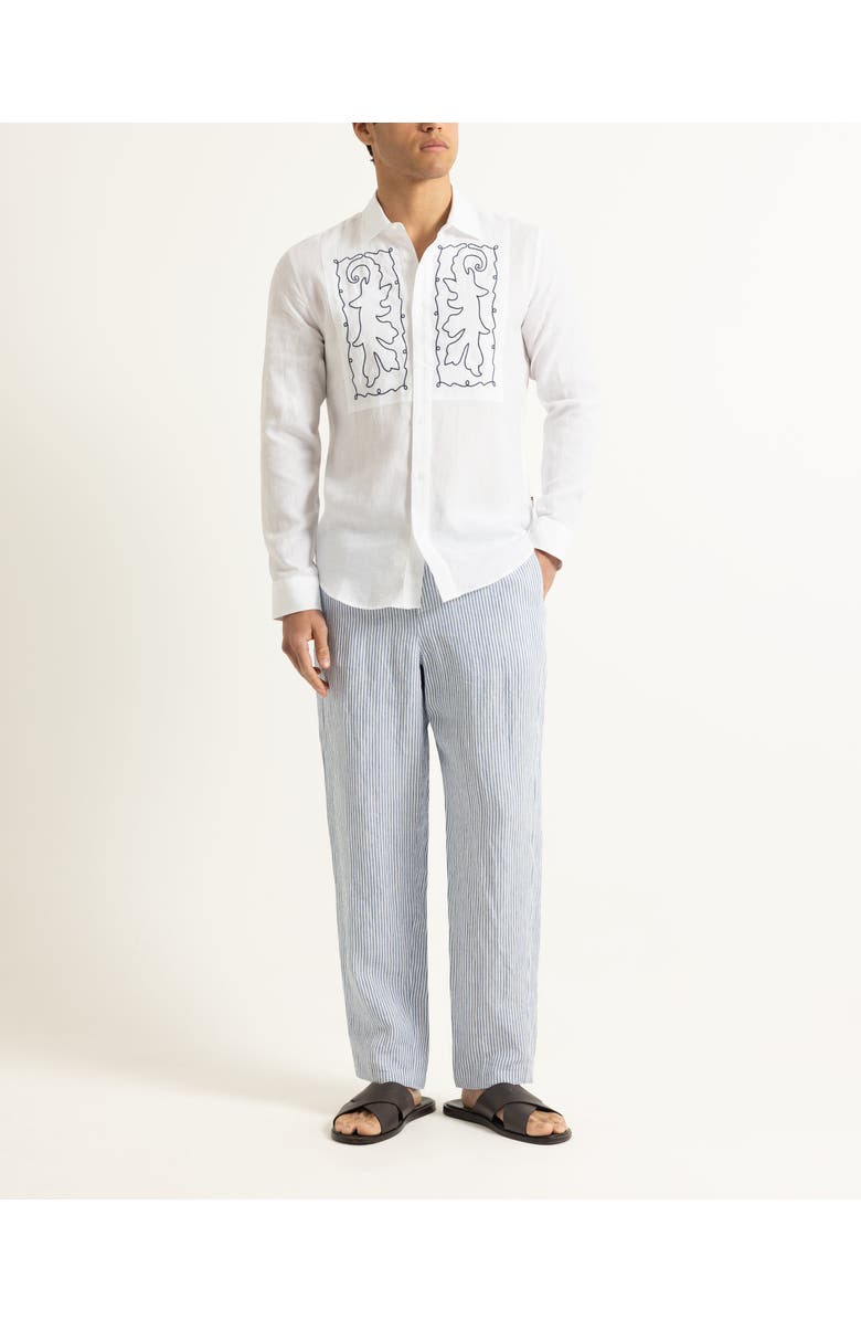 Orlebar Brown Giles Embroidery Tailored Fit Linen Embroidery Shirt, Alternate, color, White Sand/Night Iris