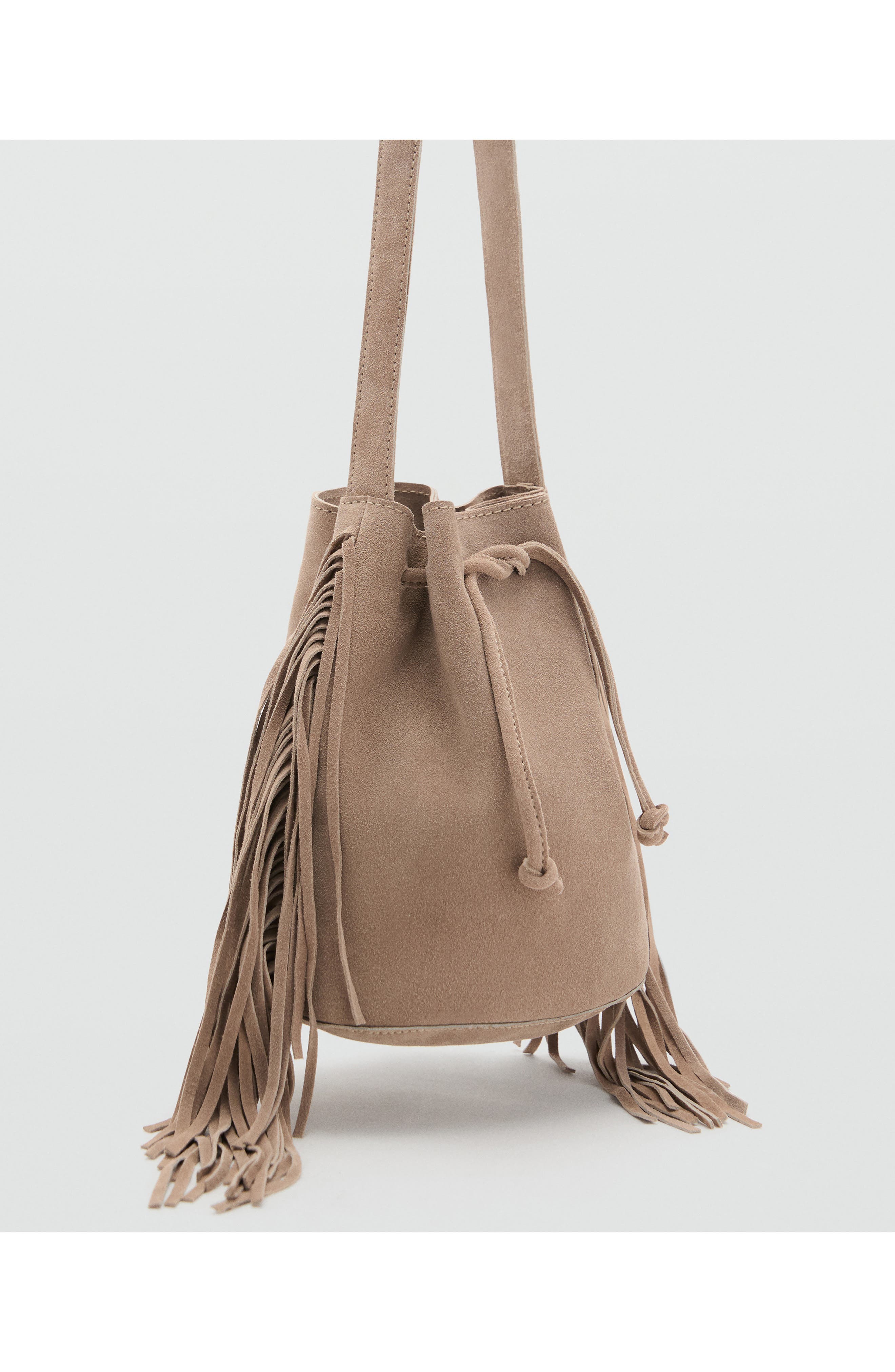 MANGO TEEN Fringed Suede Bucket Bag, Alternate, color, Sand