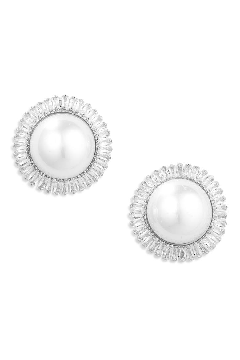 Crystal & Faux Pearl Button Stud Earrings, Main, color, SILVER CZ PEARL