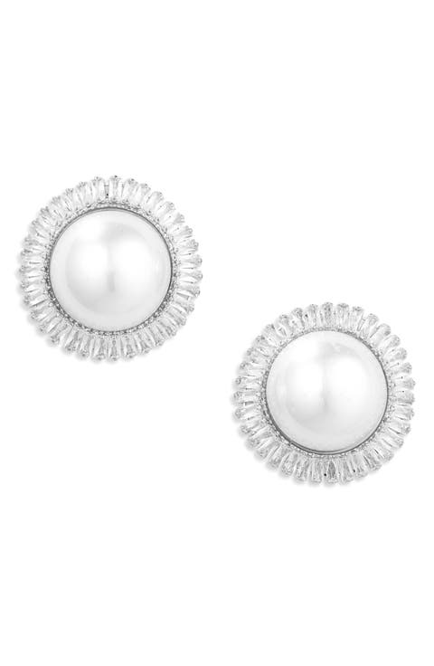 Crystal & Faux Pearl Button Stud Earrings